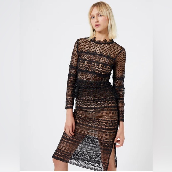 French Connection Petra lace beau Long Sleeve‎ black midi Dress size 6 new - Picture 2 of 6